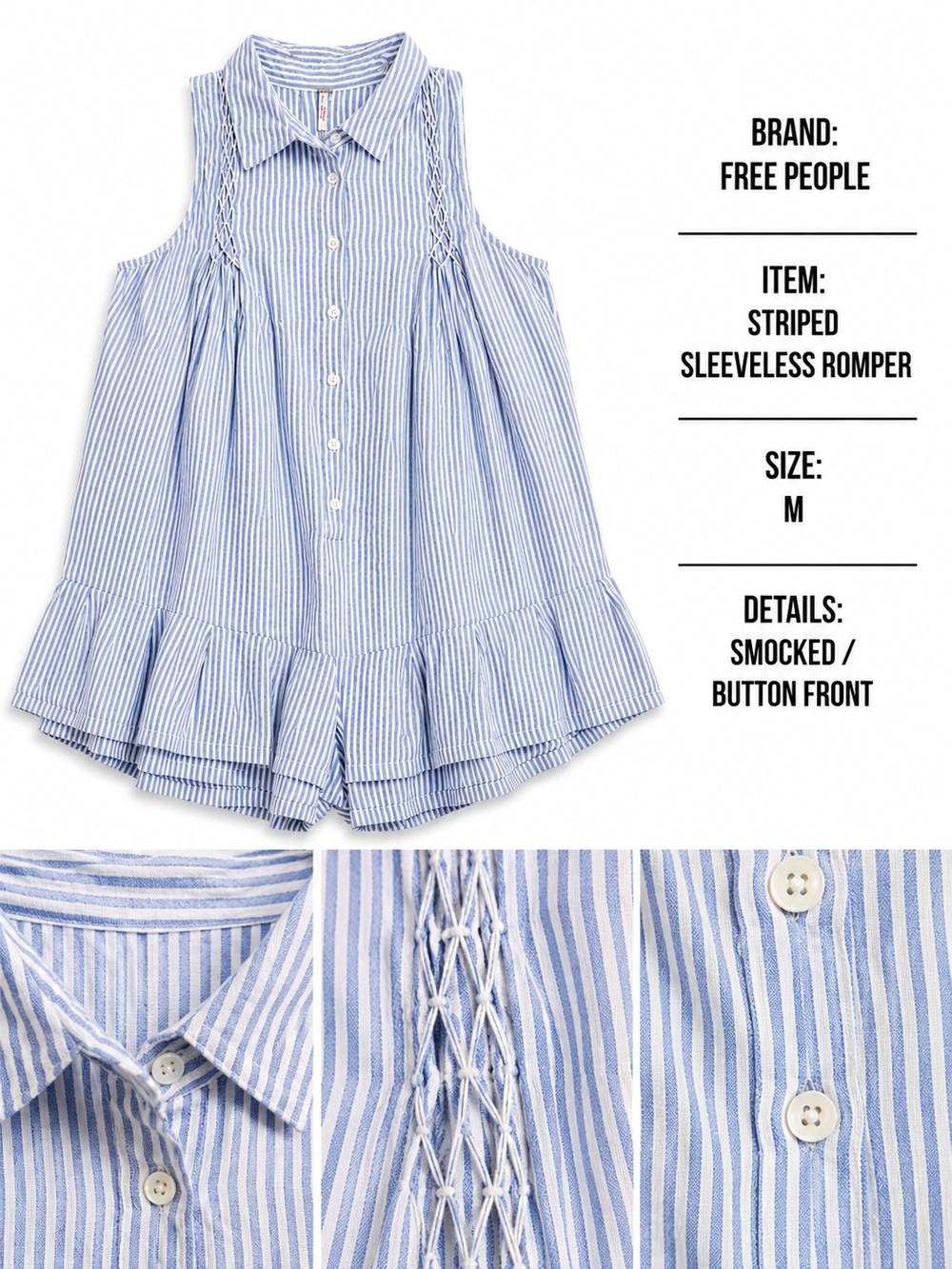 Free People Striped Sleeveless Romper With Pockets - Size M